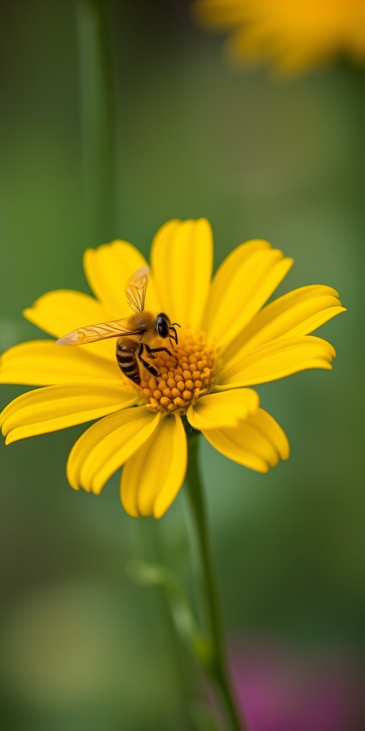 Capture a close-up shot of a yellow flower with a bee on it, using a Canon EOS R5 camera, 85mm f/1.4 lens, aperture at f/2.8, ISO 100, shutter speed 1/200 sec, with a soft bokeh background to enhance focus on the flower and bee.