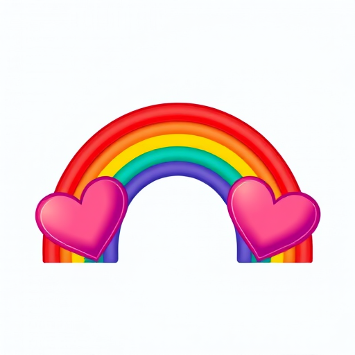 Create a vibrant and colorful illustration of a rainbow with two heart shapes on each side, ensuring the colors are bright and vivid, use a digital art style, set the resolution to 300 DPI, and a canvas size of 2000x2000 pixels.