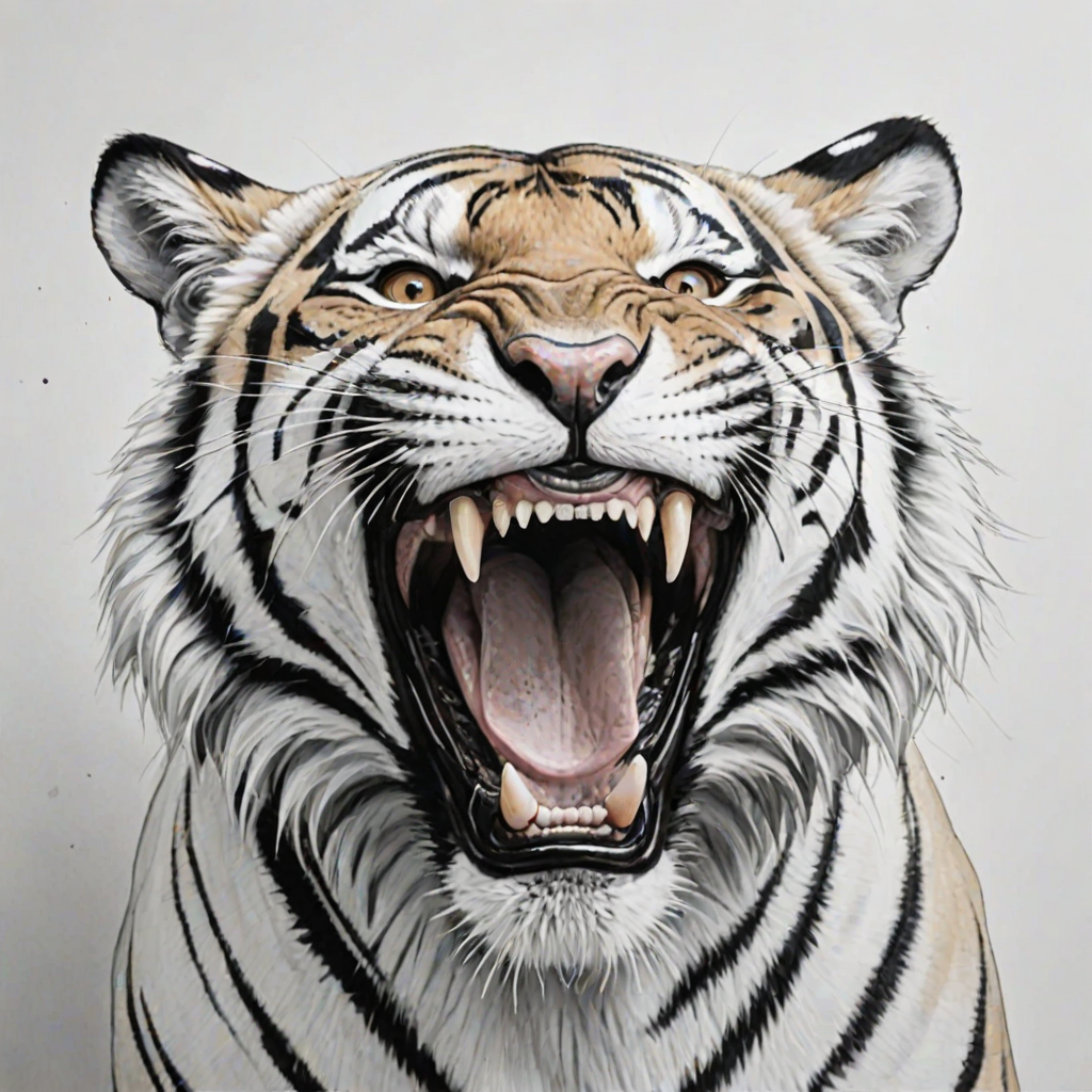 Abstract black and white acrylic portrait of an over exaggerated laughing (tiger). Minimalism style. White background.