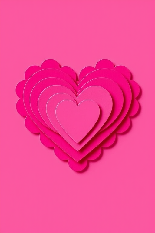 Create a vibrant graphic of a layered heart design with a scalloped edge, using bright pink and deep magenta colors, shot with a Canon EOS R5 at f/2.8, with a 50mm lens, under natural soft lighting for enhanced color depth and clarity.