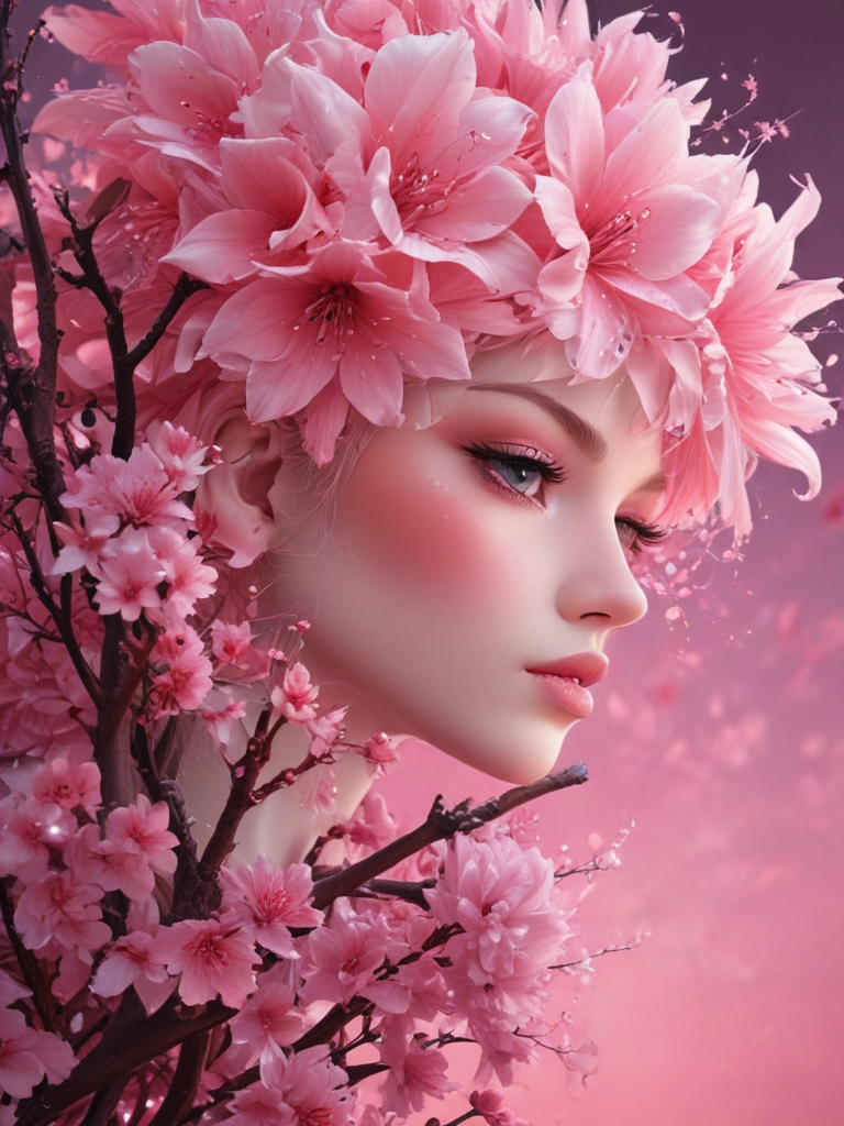 Enchanting Portrait of a Woman Adorned with Pink Cherry Blossom Flowers