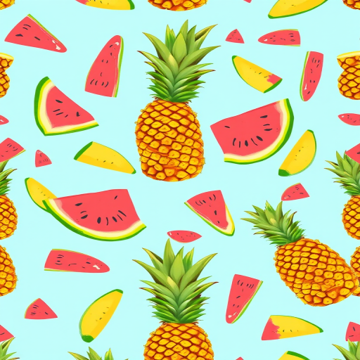 Create a vibrant seamless pattern featuring pineapples and watermelon slices on a light blue background, using a high-resolution digital illustration style with a focus on bright colors and clean lines, shot with a Canon EOS 5D Mark IV at f/8, ISO 100, 1/125 sec for sharp detail and depth.