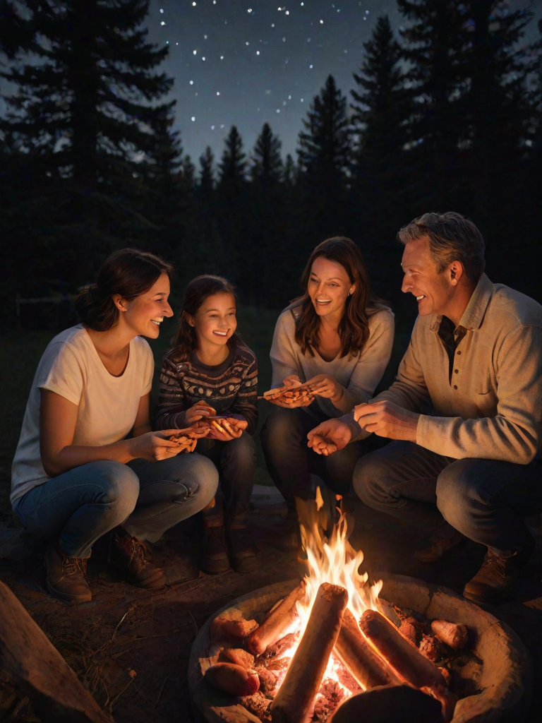Warmly lit photo of a family gathered around a campfire, roasting hot dogs and telling stories, soft glow from the flames casting warm shadows on their faces, with distant stars twinkling overhead.