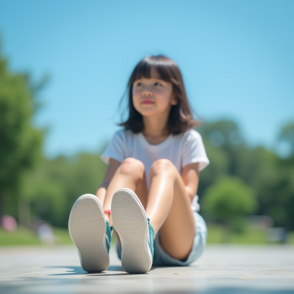 Generate an ultra-realistic, highly detailed, high-definition photograph. It's a photo of a girl sitting on the floor. She's looking at the horizon. The photo is taken from the bottom up, at ground level. The girl's sneakers are in the foreground, in the center of the scene. The girl is wearing light clothes, a t-shirt and short shorts. The sky is blue. Bright environment. The background is a blurred image of a park.