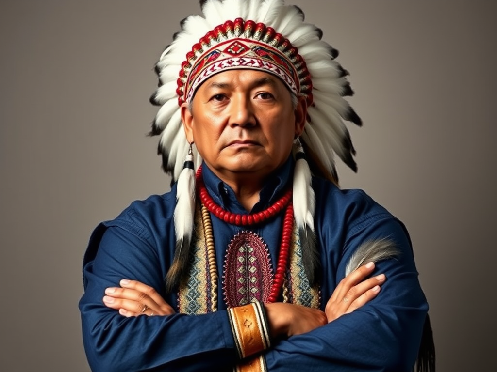 Create a dignified portrait of a Native American man dressed in traditional attire. He wears a beautifully crafted headdress adorned with white feathers and red beads, along with a beaded headband featuring intricate patterns. His clothing includes a deep blue, patterned shirt and a traditional chest piece with detailed beadwork. His arms are crossed, displaying leather armbands decorated with feathers. The background is simple and neutral, emphasizing his proud and stoic expression. The overall image captures the rich cultural heritage and strength of his persona.