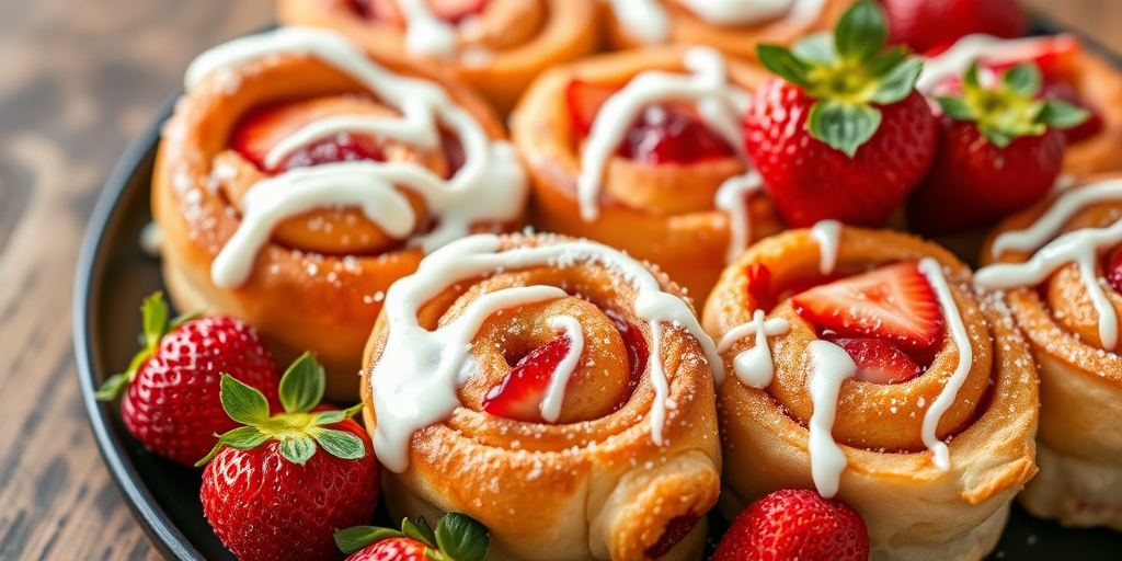 A close-up image of freshly baked strawberry rolls with cream frosting drizzled on top and sprinkled with powdered sugar. The rolls are golden brown, soft, and filled with sliced strawberries, arranged neatly on a dark plate with whole strawberries beside them. The background is blurred to emphasize the delicious pastries.