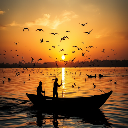 capture a serene sunset over a river with silhouetted fishermen on a boat, flocks of birds in flight and on the water, warm golden hues reflecting on the surface, ISO 200, f/8, 1/200 sec, wide-angle lens, DSLR camera, landscape orientation