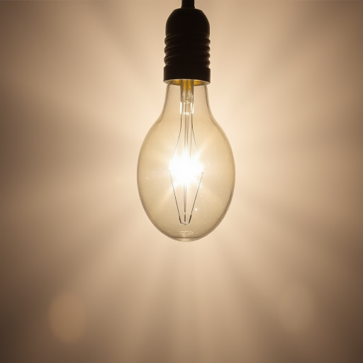 Create a high-resolution image of a light bulb with bright rays emanating from it, using a DSLR camera with a 50mm lens, aperture set to f/1.8, shutter speed of 1/100s, and ISO 200, captured from a slightly angled view to emphasize the bulb's shape and illumination.