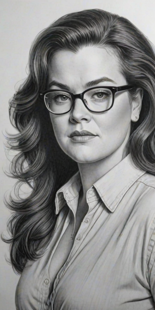 Beauteous Rosie O'Donnell, pencil sketch, portrait of Gorgeous woman 1921s in glasses, hair style beatnik, outline, clear lines, fine lines, 8k