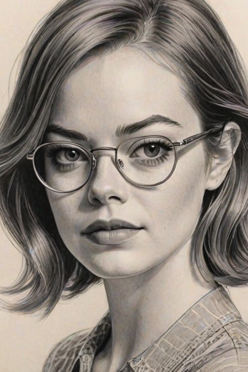 Fascinating Emma Stone, pencil sketch, portrait of Bewitching woman 1960s in glasses, hair style beatnik, outline, clear lines, fine lines, 8k