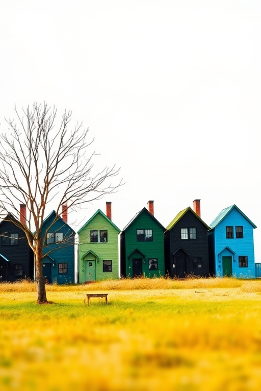 Regenerate a watercolor illustration of a row of stylized houses in varying colors (black, green, blue) next to a bare tree on a grassy field, captured with a Canon EOS R5 at f/4, ISO 100, 50mm lens, soft focus view, and vibrant color saturation.