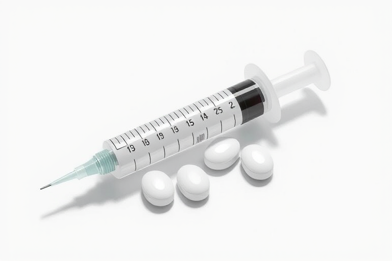Create a highly detailed illustration of a syringe resting on two tablets with a clean, white background, using a Canon EOS R5 camera, 50mm lens, f/8 aperture, ISO 100, and natural lighting for enhanced image quality.