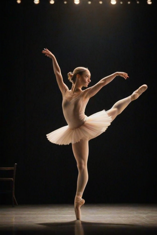 Sharp, high-resolution photo of a ballet dancer mid-leap on a stage, soft light from the spotlight illuminating their graceful form, distant audience members watching in awe, and the sound of classical music filling the air.