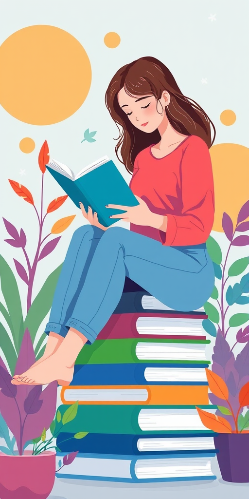 Create a colorful vector illustration of a woman reading a book while sitting on a stack of books, surrounded by plants and abstract shapes, with soft lighting, using a Canon EOS R5 camera, 50mm lens, f/1.8 aperture, ISO 100, and a high-resolution editing style.