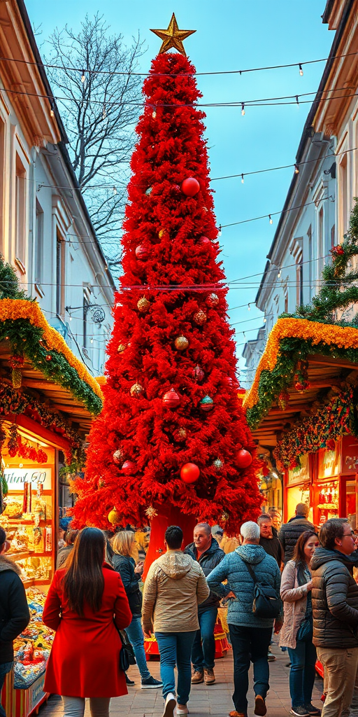 Generate an image of a vibrant market scene during the holiday season. The focal point is a large, decorative Christmas tree made of red tinsel, adorned with a star on top. Surrounding the tree, colorful stalls are filled with festive decorations and gifts. People are gathered, enjoying the festive atmosphere, with some shopping and others taking photos. The street is lively and decorated with strings of lights, creating a cheerful and warm ambiance.