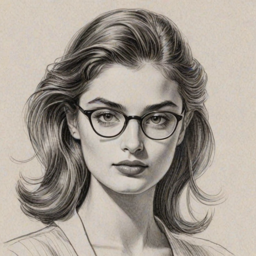 Enticing Diana Silvers, pencil sketch, portrait of Attractive woman 1953s in glasses, hair style beatnik, outline, clear lines, fine lines, 8k