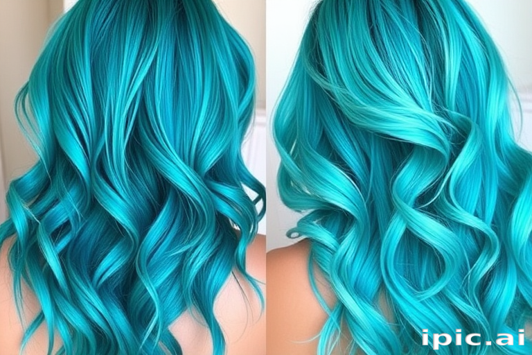 Mermaid's Treasure Tresses feature a captivating ombre effect transitioning from deep teal at the roots to shimmering turquoise at the ends, styled in loose beachy waves