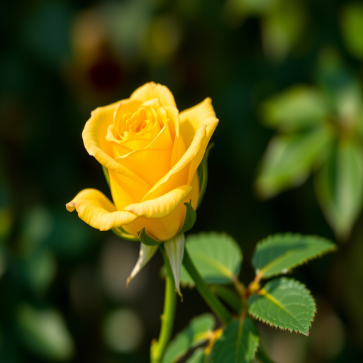 High-resolution close-up of a vibrant yellow rose on a green stem with lush leaves, soft focus background, natural lighting, ISO 100, f/2.8 aperture, 50mm prime lens, DSLR camera.
