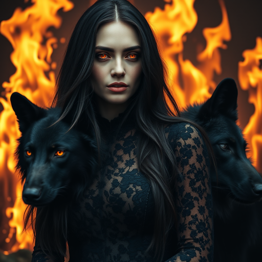 A woman with long dark hair, wearing a black lace dress that seamlessly blends into her skin with intricate floral patterns. She is in the foreground, with a black wolf beside her; its fur is midnight black, and it has glowing, intense, orange eyes that match hers. Her eyes are partially closed with burning embers above them, giving a fiery and mystical aura. The background is engulfed in tall, roaring flames, contributing to an overall dark and supernatural atmosphere. The colors are intense, predominantly black, fiery orange, and deep reds, with sharp contrast highlighting the mysterious and fierce theme. The flames are bright and dynamic, casting dramatic light and shadow, illuminating the woman and wolf while leaving parts in near darkness. The image evokes a sense of otherworldly power and connection between the woman and the wolf.