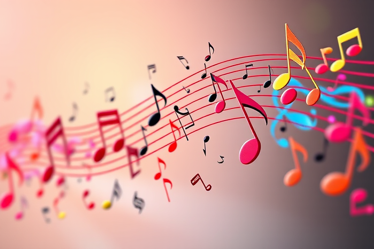 Regenerate a vibrant, flowing representation of musical notes with a dynamic sense of movement, using a DSLR camera at f/2.8, 50mm lens, ISO 100, shot from a slightly elevated angle in natural light for enhanced clarity and detail.