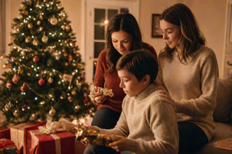 Warm, intimate image of a family gathered around a Christmas tree, soft golden light from the tree's lights illuminating their faces, with wrapped presents and holiday decorations scattered around the room.