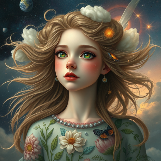 Create a series of imaginative portraits where each subject is infused with elements of fantasy and nature. The hair of the individuals should flow like clouds, varying from soft, fluffy cumulus to wispy cirrus strands, with hints of color reflecting a sunset or a clear blue sky. The eyes should be windows to entire galaxies, with stars, nebulae, and distant planets visible within them. Clothing should be adorned with nature motifs, such as floral patterns that bloom and change, vines that seem to grow and wrap around, or feathers that shimmer with iridescence. Each portrait should capture a unique personality, blending human features with the ethereal beauty of the natural and cosmic world. The backgrounds can vary, from starry night skies to enchanted forests, adding depth and context to the magical realism of the portraits