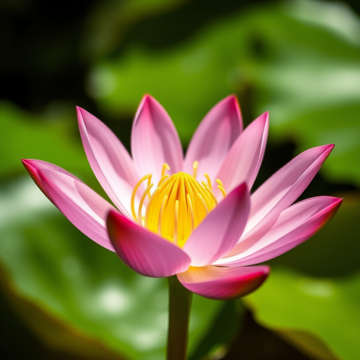 close-up of a pink water lily with yellow center, soft natural lighting, shallow depth of field, ISO 100, f/2.8 aperture, 50mm lens, captured with a DSLR camera, vibrant colors, clear focus on the flower with blurred green leaves in the background.
