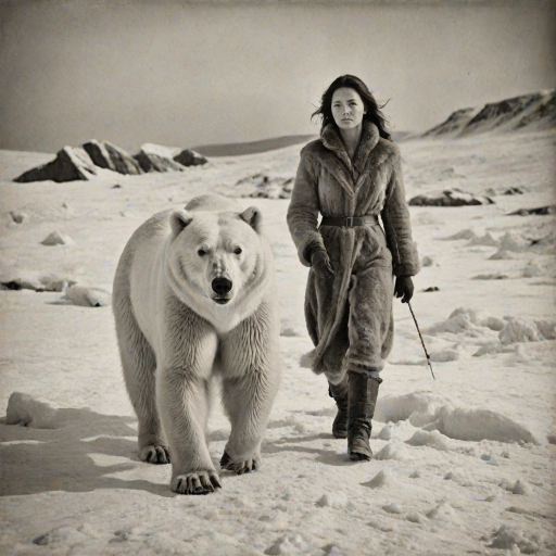 A very old photograph in black and white. The photo is badly damaged, faded, with scratches, tears, smudges and dirt. The photo is ultra-realistic and very detailed. It's a picture of an Arctic warrior. She is walking serenely towards the camera. At her side walks a majestic polar bear. Its fur shines in the sunlight. Snow, ice, sea. wind. snow in the air.