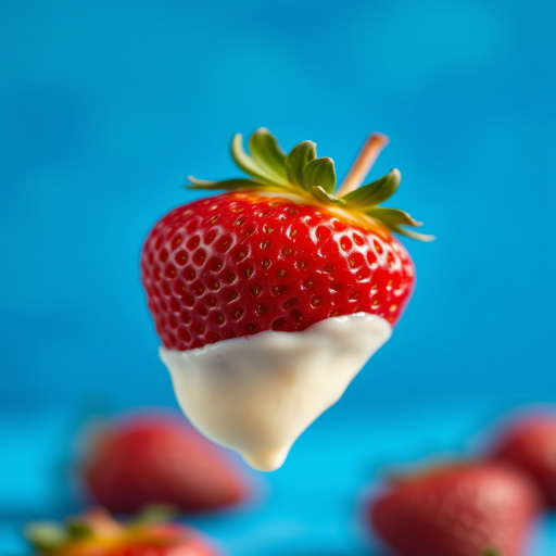 a highly detailed, hyper-realistic image of a ripe strawberry dipped in creamy white sauce, set against a vivid blue background, shot with a Canon EOS R5, 50mm lens, f/1.2 aperture, ISO 100, natural lighting, focused on the strawberry with a blurred background for depth.