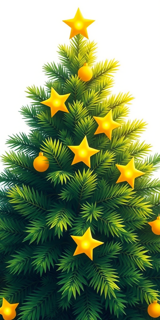 Create a detailed illustration of a Christmas tree with lush green leaves and bright yellow stars, captured in a vibrant style using a DSLR camera, 50mm lens, aperture f/2.8, ISO 100, with a shallow depth of field to enhance the texture and colors, on a plain white background.