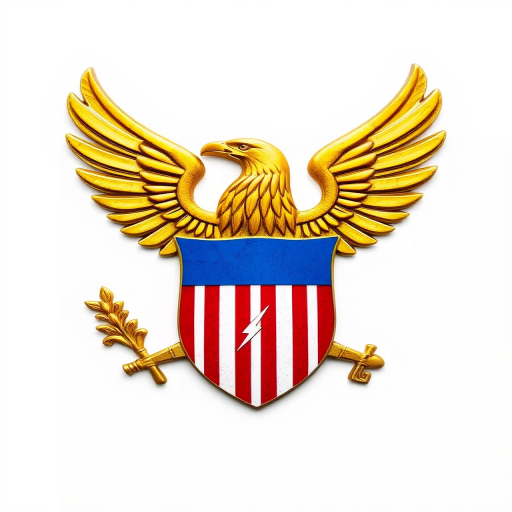 Create an image of the emblem featuring a golden eagle with outstretched wings holding a palm branch and lightning bolts, a shield with red and white stripes and a blue band at the top, high resolution, 50mm lens, f/8 aperture, ISO 100, natural lighting, centered composition, minimal background.