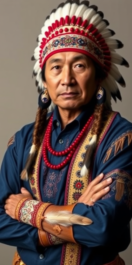 Create a dignified portrait of a Native American man dressed in traditional attire. He wears a beautifully crafted headdress adorned with white feathers and red beads, along with a beaded headband featuring intricate patterns. His clothing includes a deep blue, patterned shirt and a traditional chest piece with detailed beadwork. His arms are crossed, displaying leather armbands decorated with feathers. The background is simple and neutral, emphasizing his proud and stoic expression. The overall image captures the rich cultural heritage and strength of his persona.