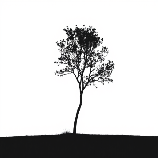 Create a minimalistic black silhouette of a tree against a white background, captured with a Canon EOS R5, 50mm lens, f/1.8 aperture, ISO 100, 1/200 sec shutter speed, using natural lighting and a shallow depth of field.