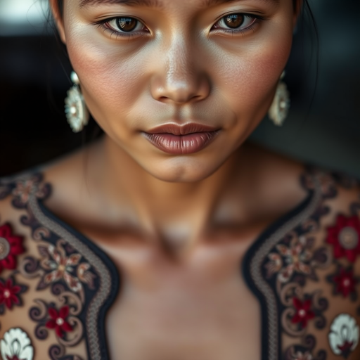 Face, shoulders, chest covered in openwork Cambodian embroidery. Raw, unedited image.