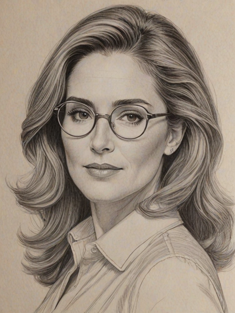 Exquisite Peri Gilpin, pencil sketch, portrait of Elegant woman 1977s in glasses, hair style beatnik, outline, clear lines, fine lines, 8k