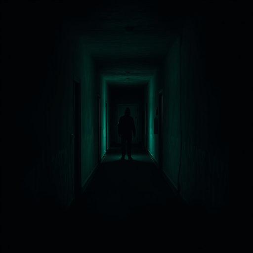 Regenerate a dark, atmospheric corridor scene with a shadowy figure at the end, using a Canon EOS R5, 35mm lens, f/1.4 aperture, ISO 100, 1/60 sec shutter speed, with an eerie green color palette and high dynamic range for enhanced depth and detail.