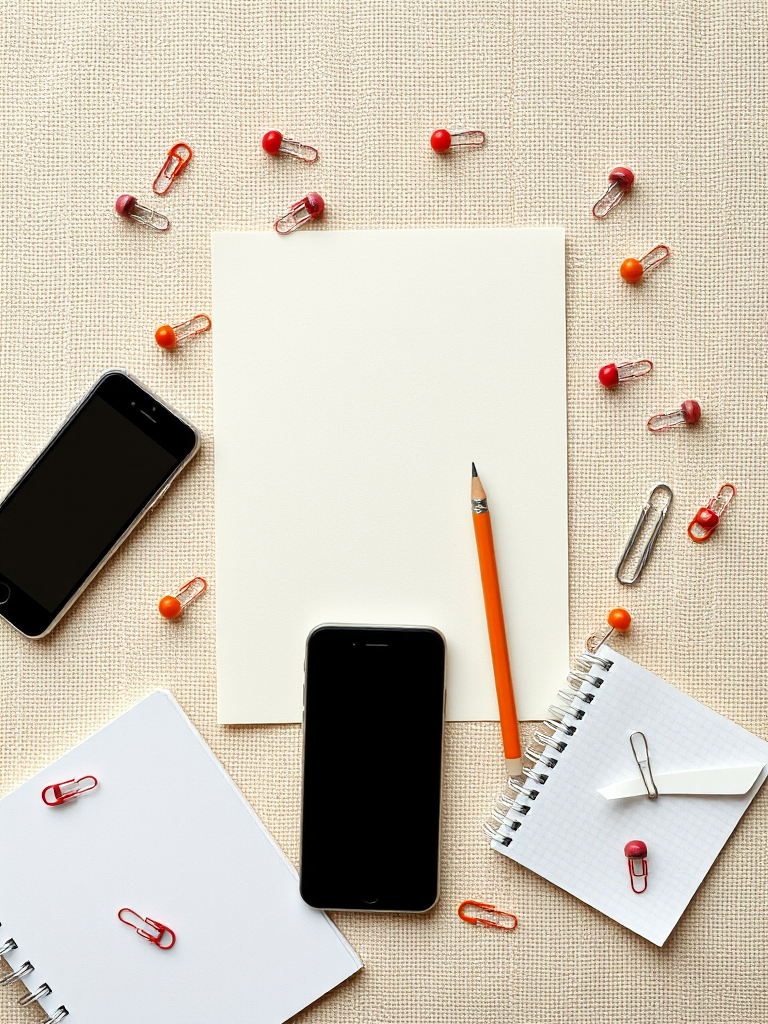Create a high-resolution image of a scattered stationery scene featuring a blank sheet of paper, a notepad, a pencil, a smartphone, paperclips, and pushpins, set against a textured beige background, captured with a DSLR camera, aperture f/4, focal length 50mm, ISO 100, in natural lighting.