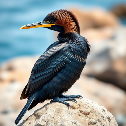 Create a highly detailed illustration of a cormorant perched on a rock with intricate feather patterns, using a DSLR camera set to a 50mm lens, f/2.8 aperture, ISO 100, natural lighting, in a close-up view to enhance sharpness and clarity.