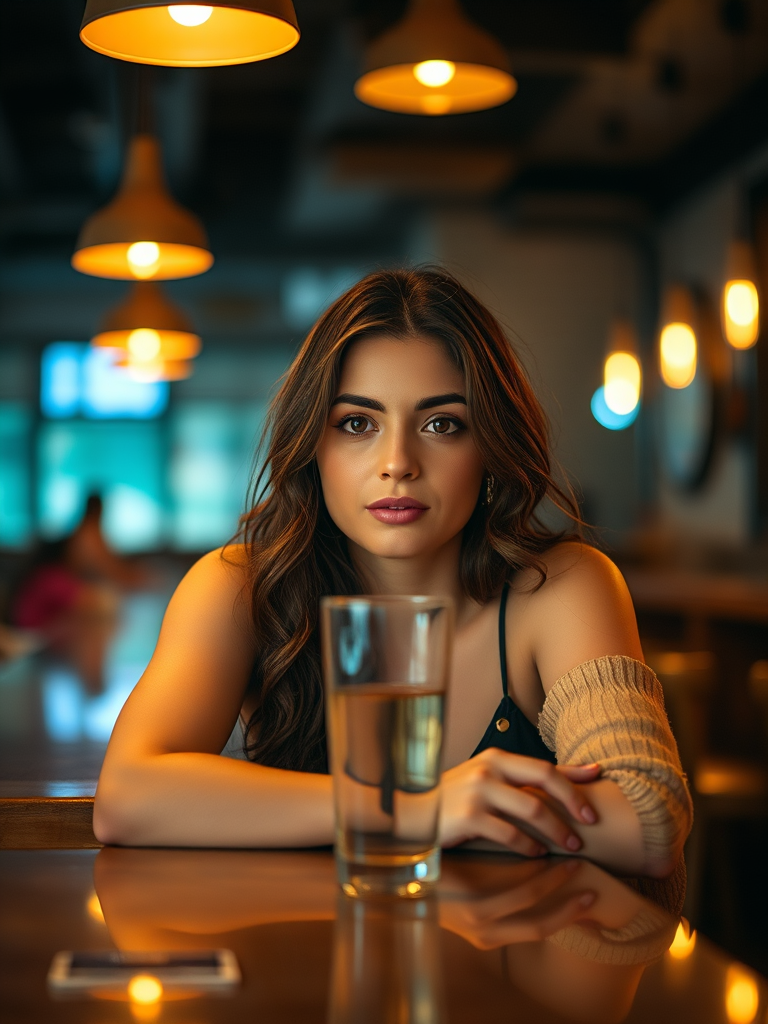 Regenerate a portrait of a woman sitting at a bar, softly illuminated by warm pendant lights, with a glass in front of her, using a Canon EOS R5 camera, 50mm lens, aperture f/1.8, ISO 100, and a shallow depth of field for a dreamy bokeh effect.