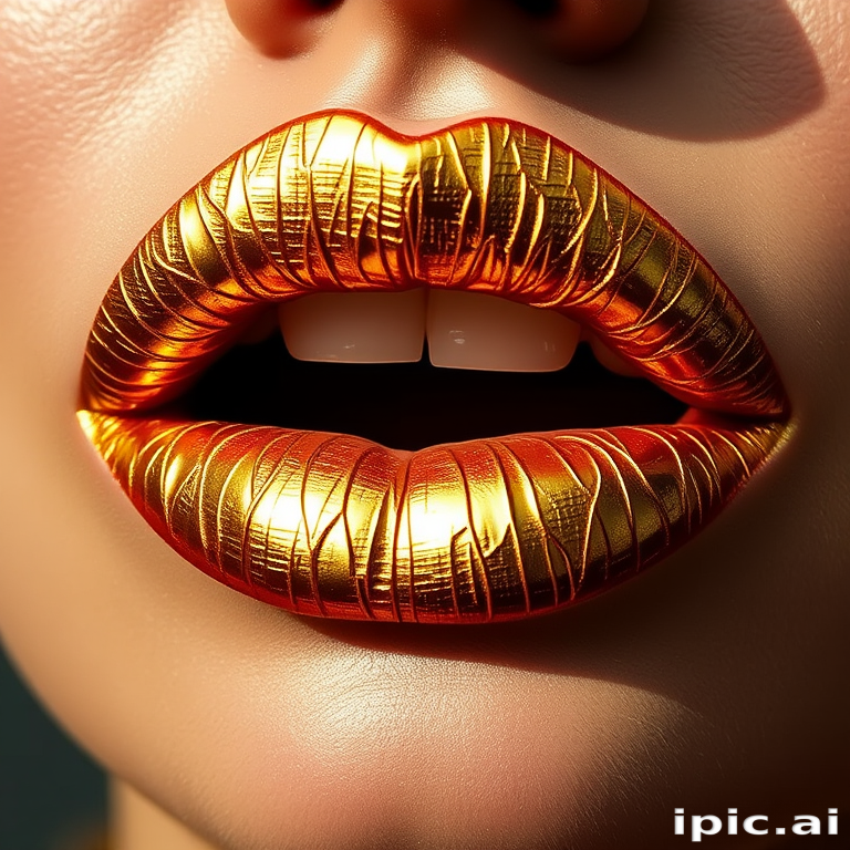 Glamorous gold leaf lips showcase intricate metallic patterns, creating a luxurious and artistic statement that gleams in the light