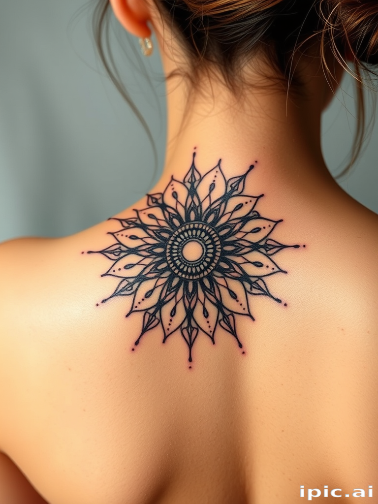 Intricate dotwork body tattoo portraying a detailed mandala sun design on the upper back, created entirely with tiny black dots for a mesmerizing texture and depth
