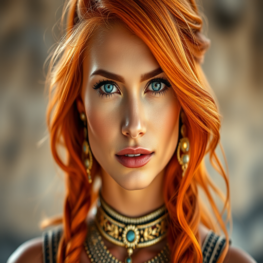 Create a close-up portrait of a beautiful woman with vibrant orange hair and intricate jewelry, captured with a Canon EOS R5 at f/1.8, ISO 100, and 85mm lens, using natural light to emphasize her striking blue eyes and detailed facial adornments, with a soft bokeh background to enhance focus on her features.