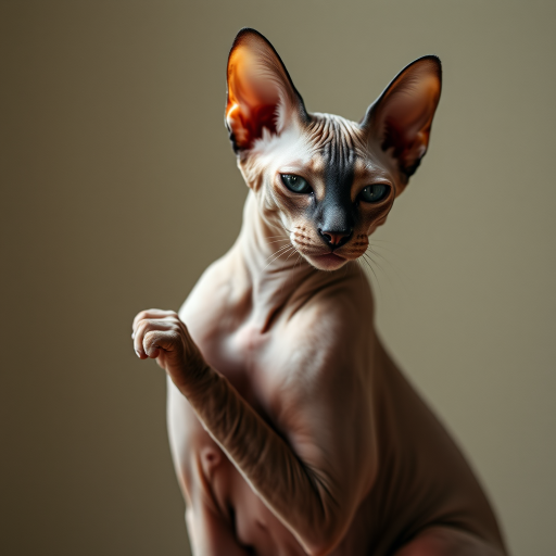A graceful, photorealistic raw photograph of a beautiful sphinx cat  doing cat things