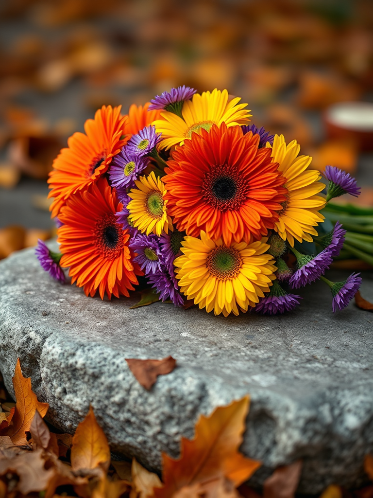 A vibrant bouquet of orange, purple, and yellow gerbera daisies and asters resting on a textured stone surface, surrounded by fallen autumn leaves, soft bokeh background, shot with a Canon EOS R5, 50mm lens, f/1.8, ISO 100, 1/200s.
