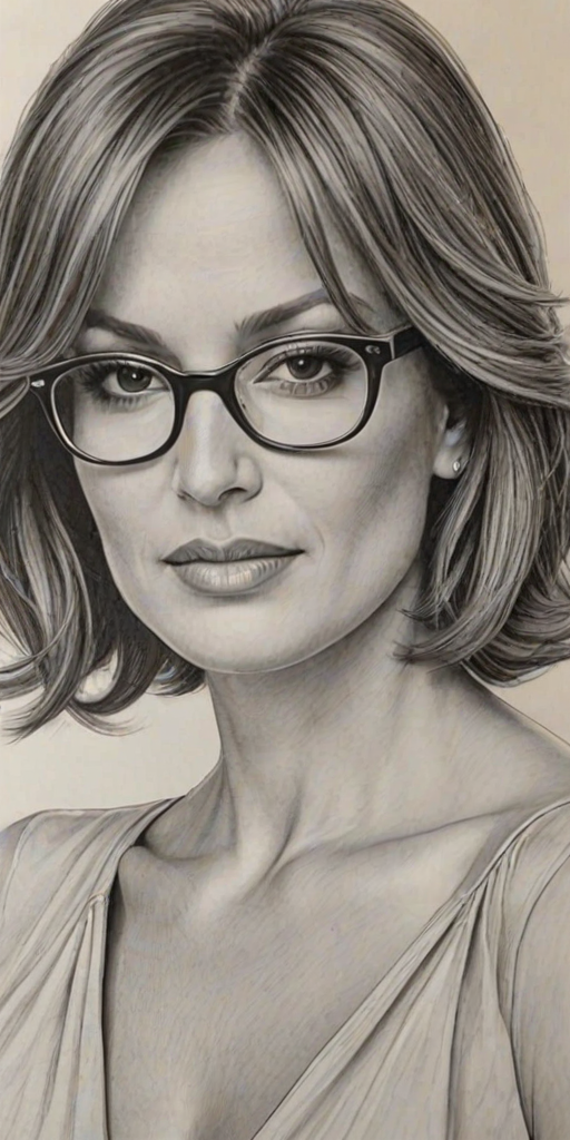Magnificent Mariska Hargitay, pencil sketch, portrait of Ravishing woman 1977s in glasses, hair style beatnik, outline, clear lines, fine lines, 8k