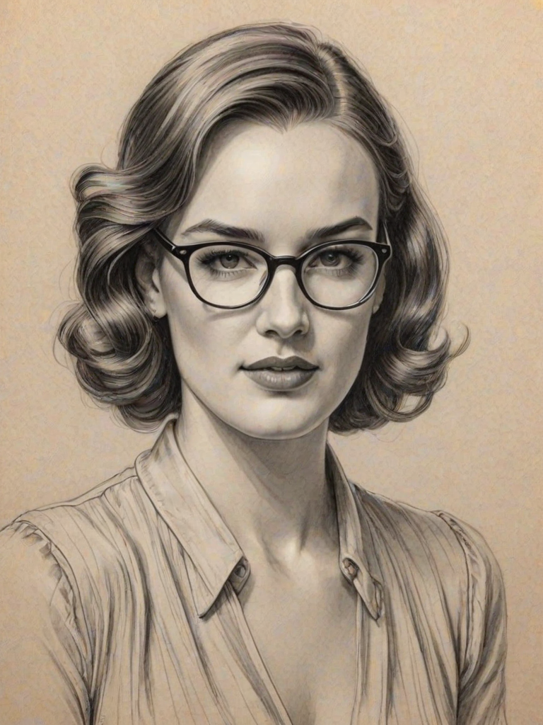 Exquisite Elizabeth Henstridge, pencil sketch, portrait of Magnificent woman 1936s in glasses, hair style beatnik, outline, clear lines, fine lines, 8k