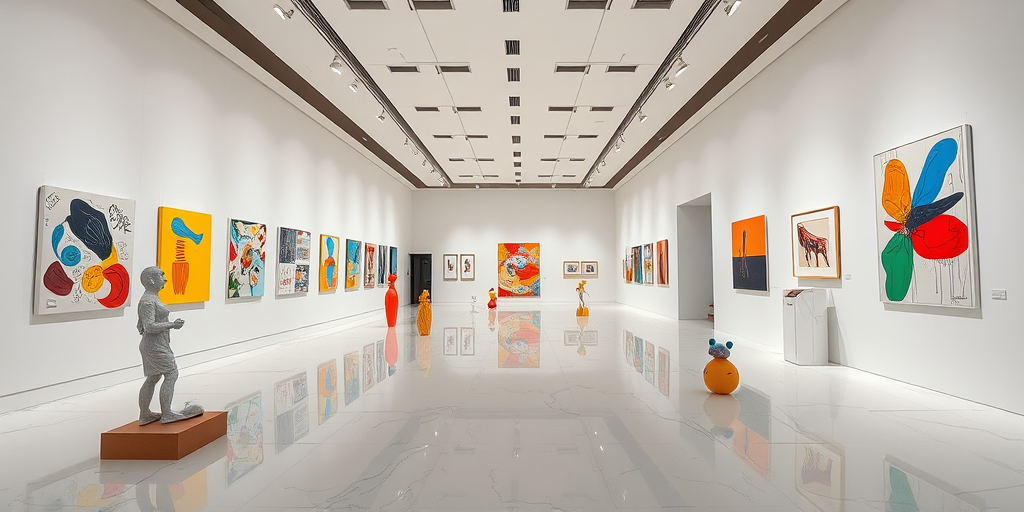 interior of a contemporary art gallery with white marble floors, colorful abstract artworks on the walls, playful sculptures, bright lighting, wide-angle view, 24mm lens, f/8 aperture, ISO 100, HDR photography, DSLR camera