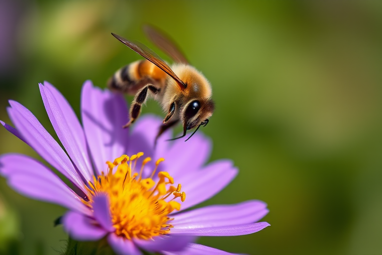 Close-up shot of a bee collecting pollen from a vibrant purple flower, shallow depth of field, f/2.8 aperture, 100mm macro lens, ISO 200, natural lighting, macro photography style, full frame camera type.