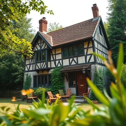A picturesque half-timbered house surrounded by lush greenery, shot with a DSLR camera using a 35mm lens, f/8 aperture, ISO 200, in soft natural lighting from an eye-level perspective, with a shallow depth of field to enhance the foreground details.