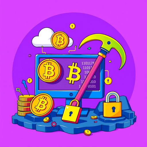 Create a digital illustration depicting cryptocurrency mining, featuring a computer, Bitcoin symbols, a mining pickaxe, cloud storage, binary code, and a secure lock, with vibrant colors and a purple background, shot with a Canon EOS R5, 50mm lens, f/1.8 aperture, ISO 100, in a bright, high-contrast style.